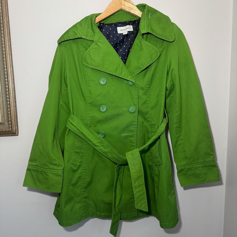 Merona Apple Green Trench Coat Polka Dot Lining Double Breasted Belted Spring
